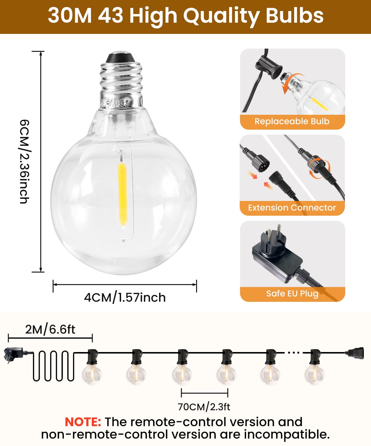Rintea Catena Luminosa Esterno 30 m, LED Bianco Caldo 2700 K, IP44, Telecomando