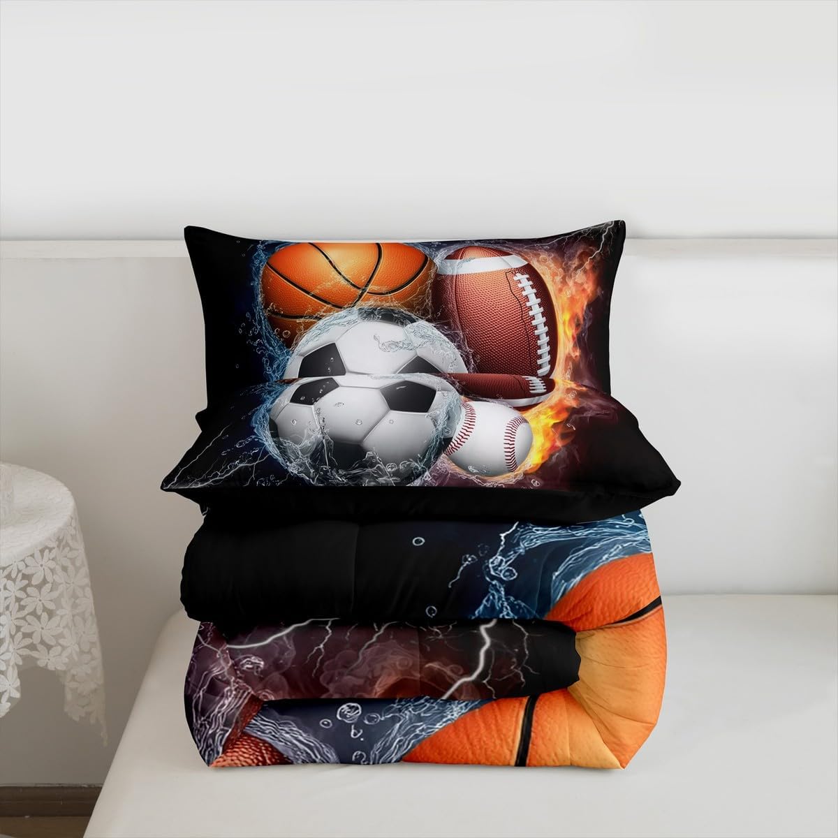 Football Bedding Set Baseball Full Size Comforter Sets Basketball Bedding Soccer Comforter with 2 Pillow Case, Sports Themed Room Decor for Boys Kids Teens, Fire and Ice Decoratives 3 Piece, Cozy