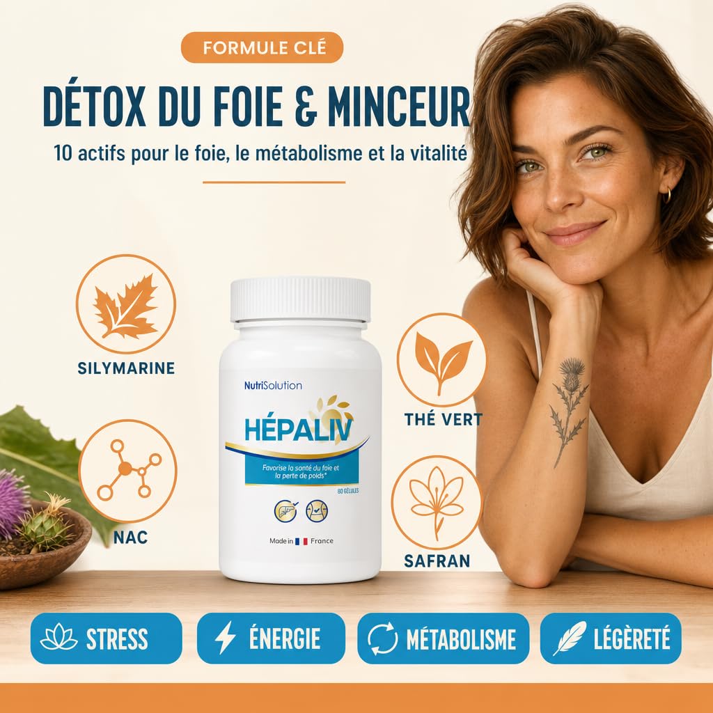 NutriSolution Hépaliv Complément Soutien Hépatique - Formule Détox Avancée avec Chardon-Marie, Desmodium & Thé Vert pour la Santé du Foie, Gestion du Poids & Brûle-Graisses - 60 Gélules (1)