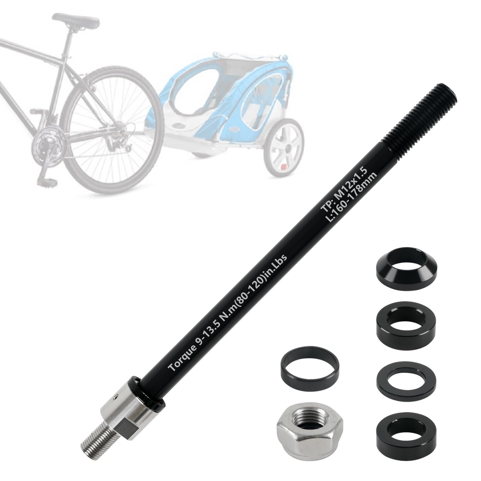 Adaptateur d'essieu traversant M12 pour 160-178 mm, longueur de tige réglable pour remorque de vélo - Adaptateur pour la plupart des attelages de remorque de vélo