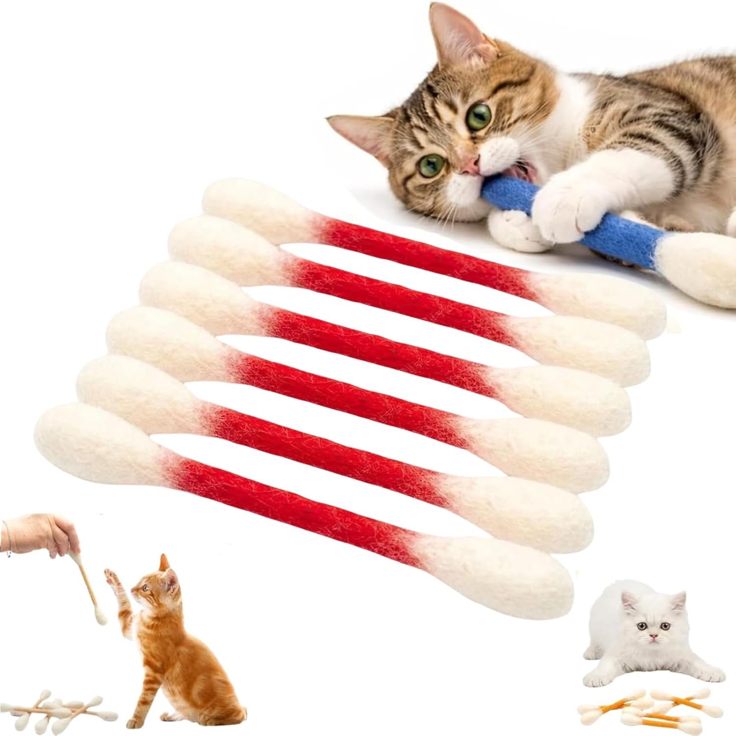 SANJSJHXJ Giant Cotton Bud Cat Toy & Cotton Swabs 6 Pack, Interactive Kitten Dental Chew Catnip Toys for Boredom,Red