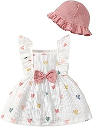 Conjunto Vestido y Gorro para Niña Pequeña Mangas con Volantes Estampado de Corazones/Flores de Algodón Lino Ropa de Primavera Verano