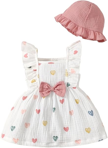 Ensembles Robes et Chapeaux pour Petites Filles Manches à Volants Imprimée Cœurs/Fleurs Robe en Coton et Lin Fille Tenue Printemps et Été Vêtement - 1