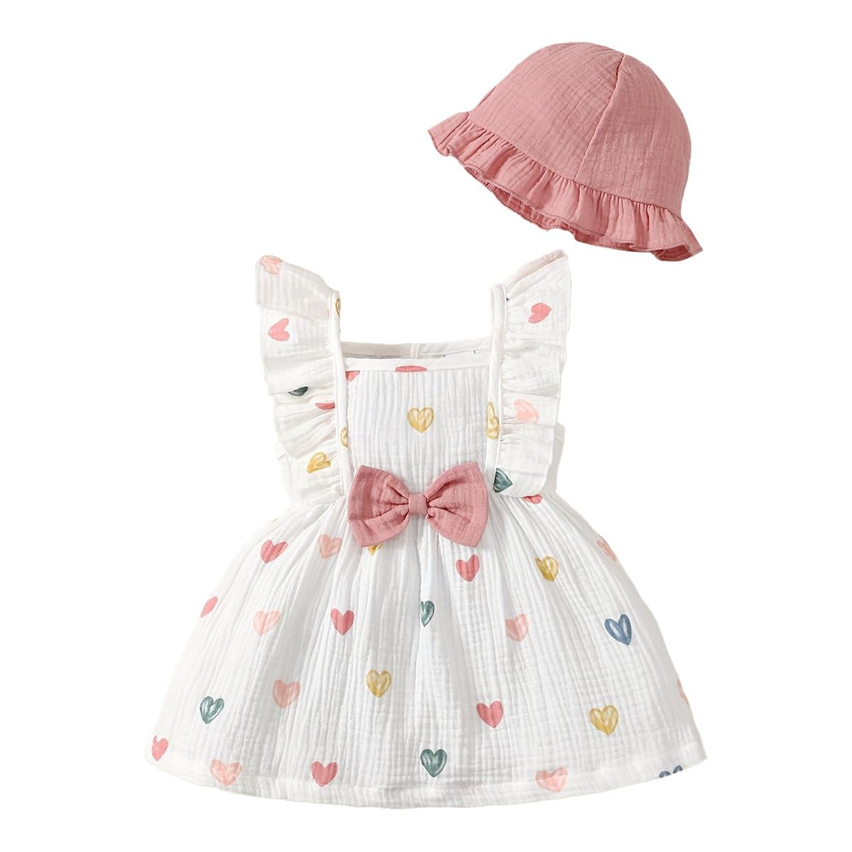 Conjunto Vestido y Gorro para Niña Pequeña Mangas con Volantes Estampado de Corazones/Flores de Algodón Lino Ropa de Primavera Verano