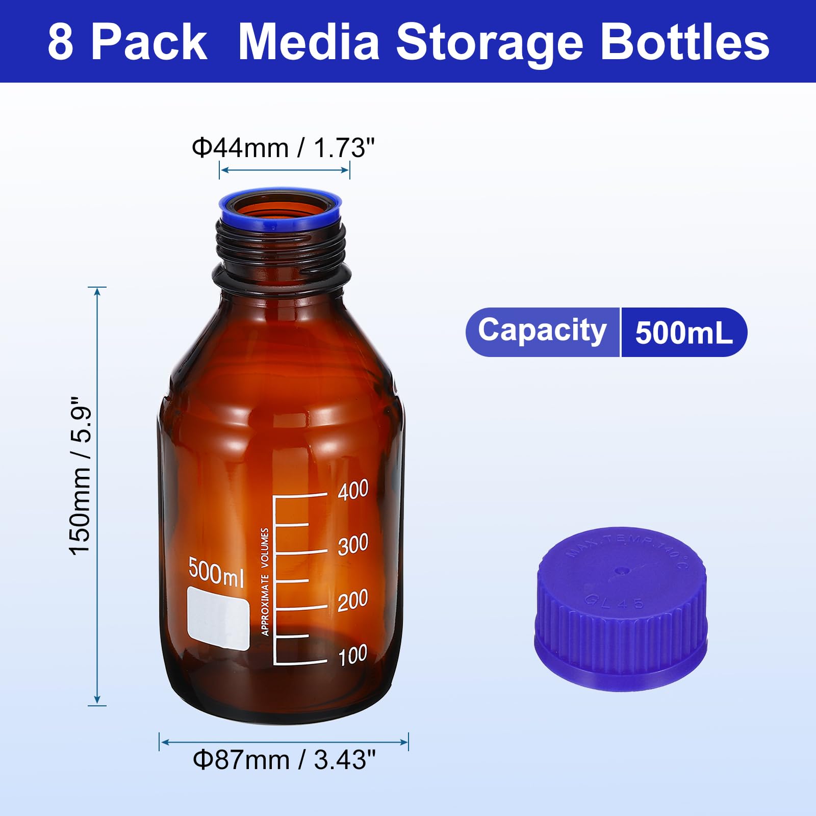 PATIKIL 8 Paquete Medios Almacenamiento Botellas, 500ml Borosilicato Vidrio Redonda Graduada Botella con GL45 Azul Tornillo Tapa para Laboratorio Agua Reactivo Líquidos, Marrón