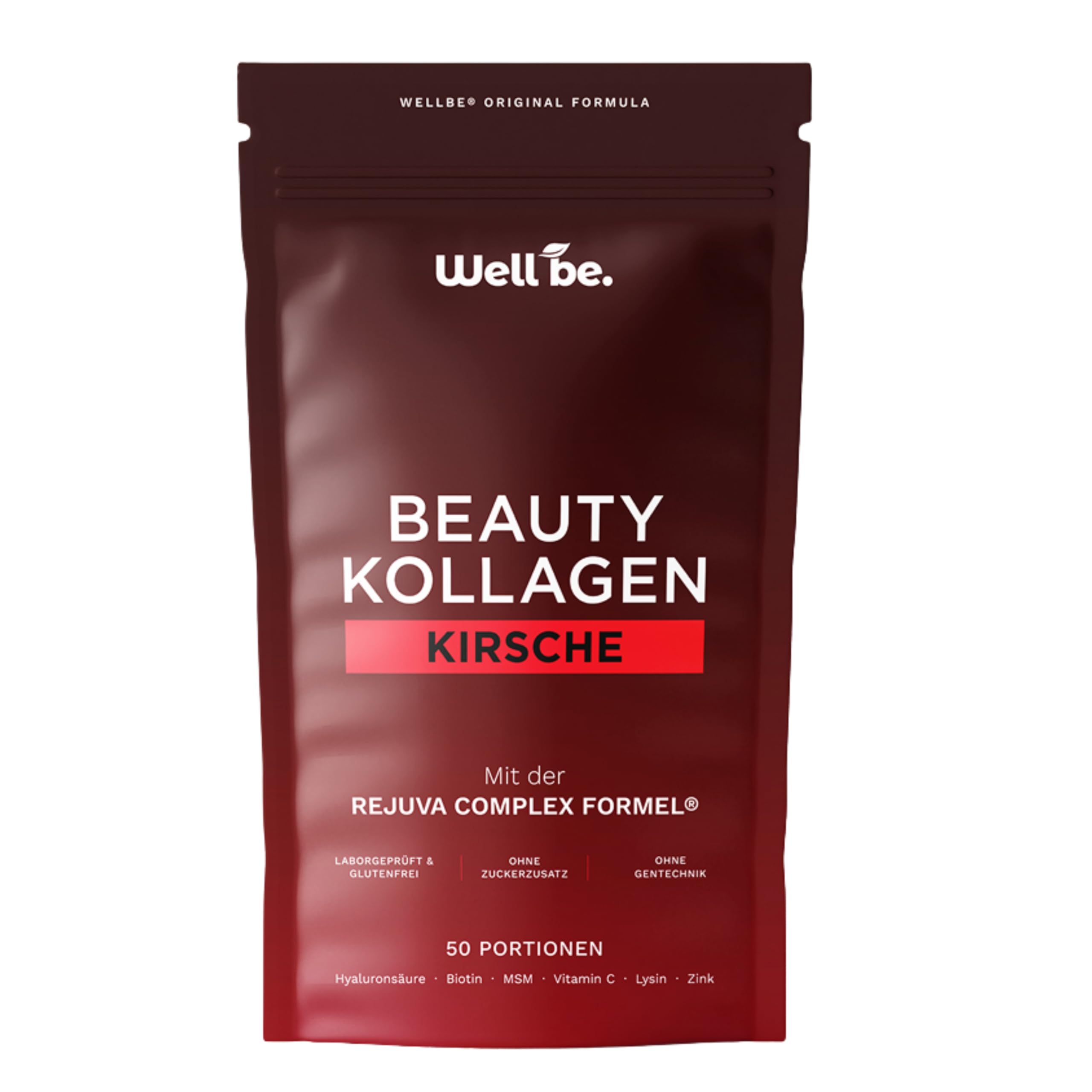 Wellbe Kollagen Pulver Kirsche - hochdosiert mit maximal bioaktivem Kollagen Hydrolysat, Biotin, Zink, Vitamin C & Hyaluron - Collagen Pulver - Kollagenpulver Peptide Made in Germany 1x250g
