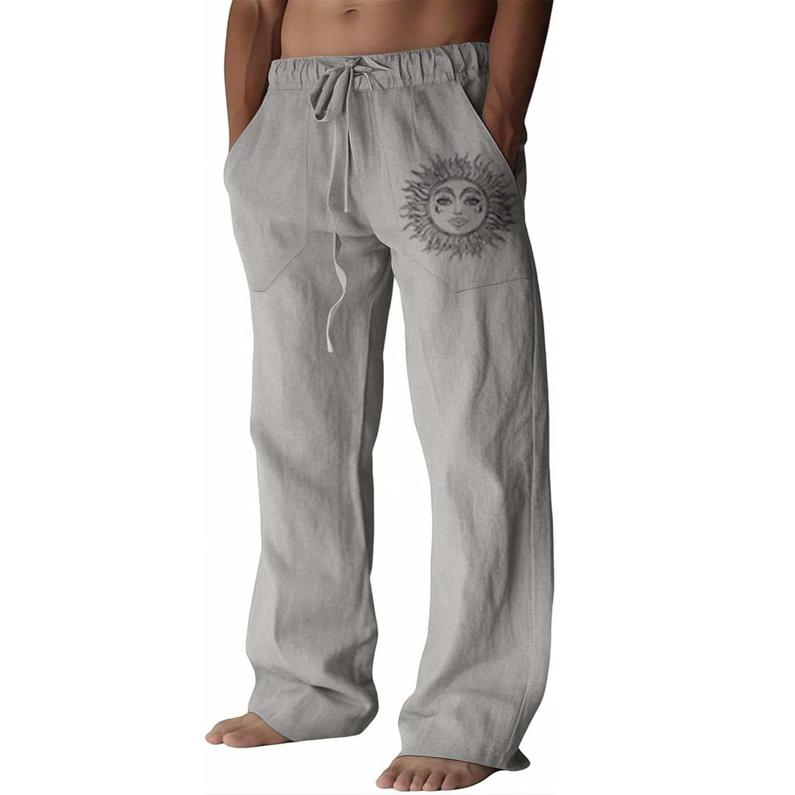 Puimentiua Leinenhose Herren,Lang Leichte Sommerhose,Loose Fit Freizeithose,Baumwollehosen mit Tunnelzug und Taschen (S-3XL)