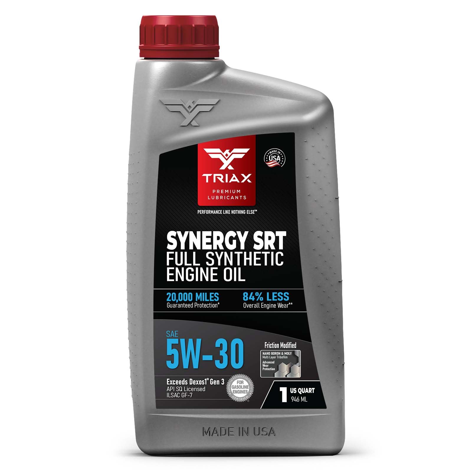 TRIAX Synergy SRT 5W-30 - Full Synthetic, Friction Modified Engine Oil - 20K Miles, API SP Licensed, 3x Wear Protection - Nano Boron and Moly Friction Modified (1 Quart)