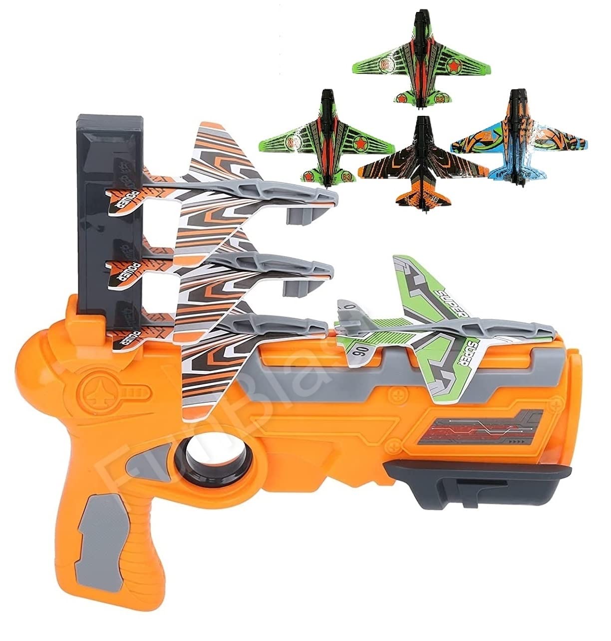 FunBlast Airplane Launcher Gun Toy, Catapult Aircrafts Gun With 4 Foam Aircrafts, Outdoor Shooting Activity Game For 3+ Years Kids, Flying Airplane Launcher Gun Toy With Foam Glider Planes (Orange)