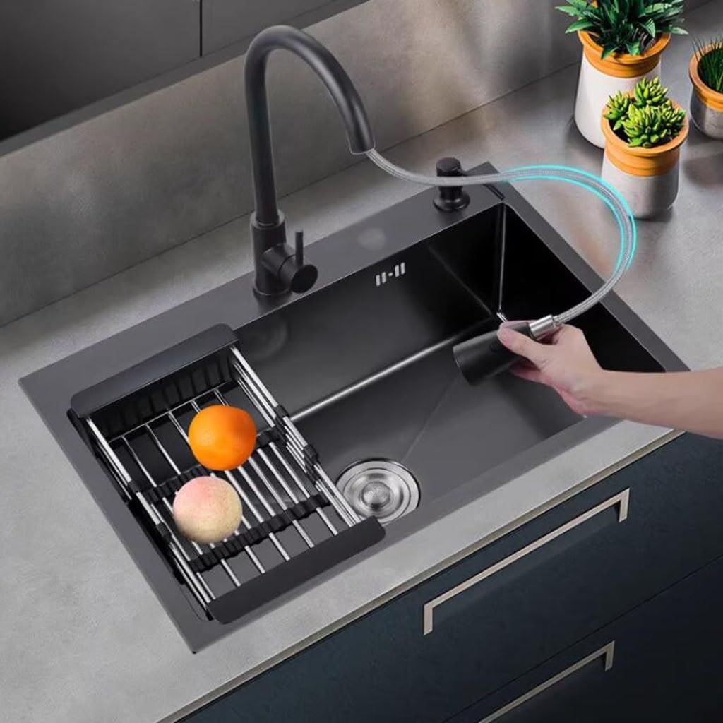 Lavello da cucina a vasca singola in acciaio inox, lavello da cucina sottopiano e sopra il bancone, lavabo a sifone con rubinetto estraibile, in acciaio nero, 60 x 45 cm