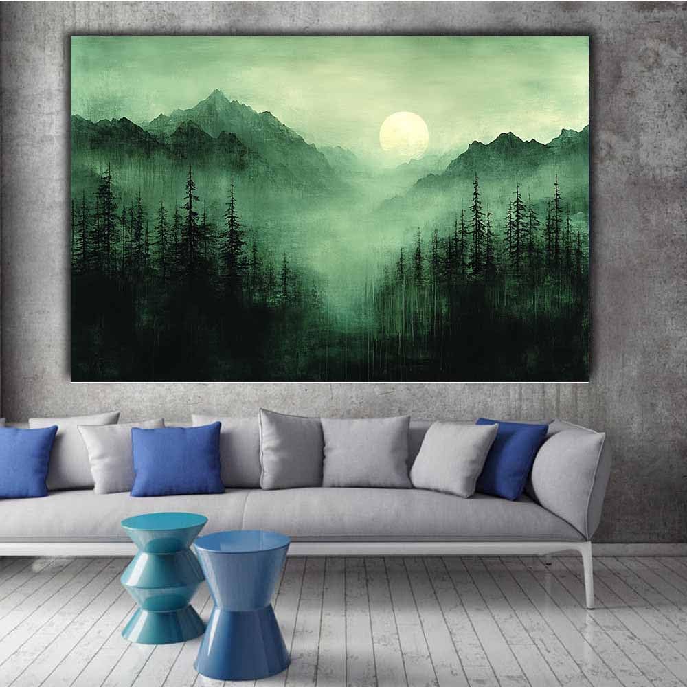TERUEA Póster lienzo impreso con Árbol de la vida abstractas, Bosque Neblinoso Valle Lago Cuadros para Salon Foto con Lienzo Canvas Laminas Cuadro Dormitorio（Verde Oscuro-80x120cm1 Enmarcado