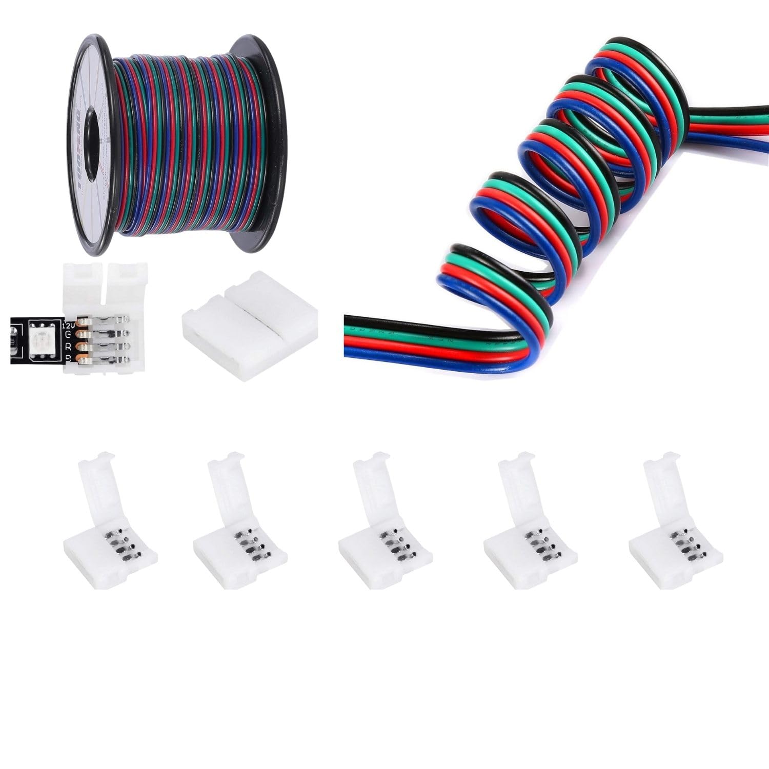 SOOOGG 4 core 22 AWG Cable 20 FT 4 PIN Connector 5 Piece Transparent Solderless for COB/SMD 2835 3528 Single Color LED Strips Unwired Gapless led Strip Adapter Extension-image-0