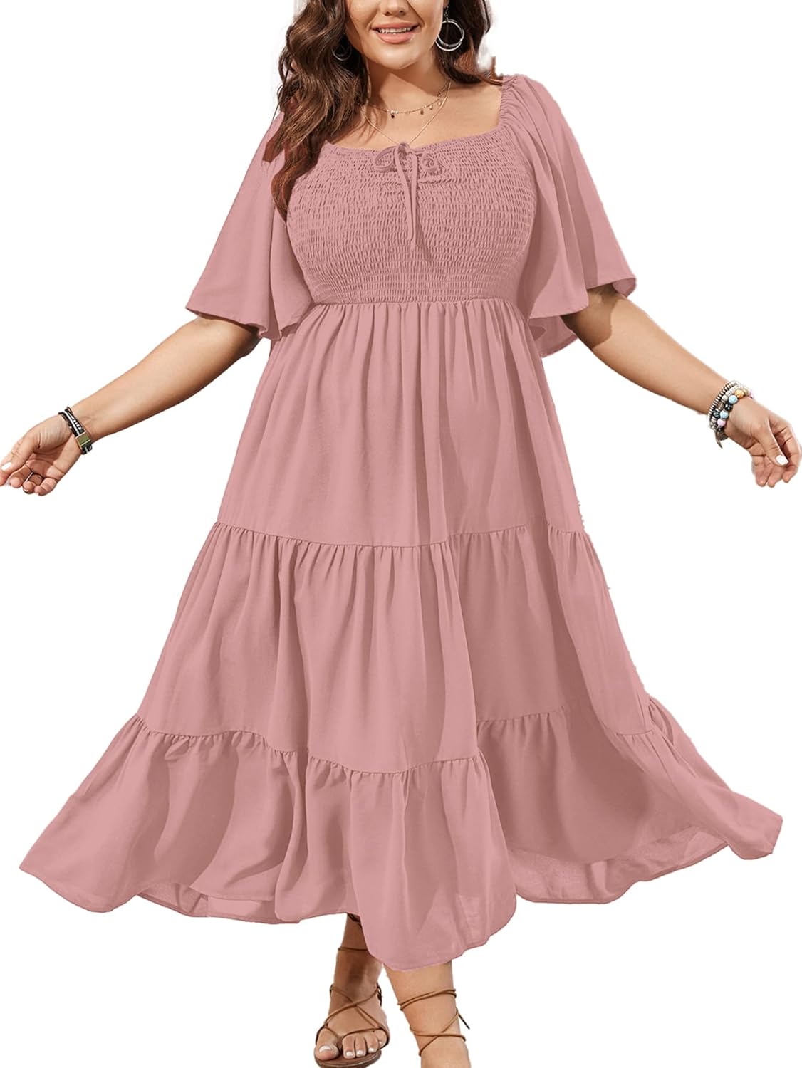 SCOMCHIC Women's Plus Size Flowy Maxi Dress Flutter Short Sleeve Boho Dress Square Neck Smocked Formal Dresses for Women