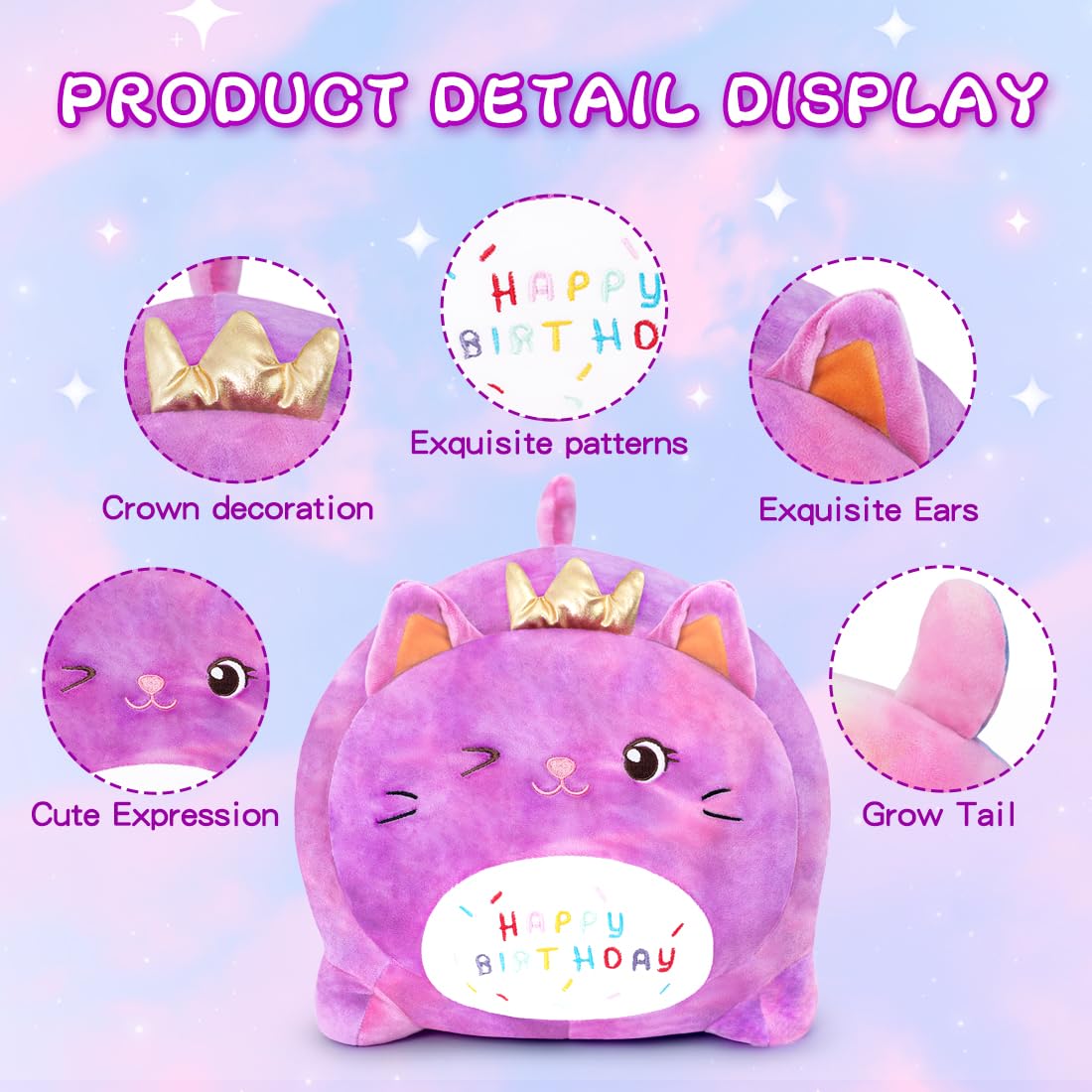 Peluche Gatto Compleanno - Giocattolo Morbido con Scritta 'HAPPY BIRTHDAY', Regalo Personalizzabile per Bambini Adulti (25CM,Viola)