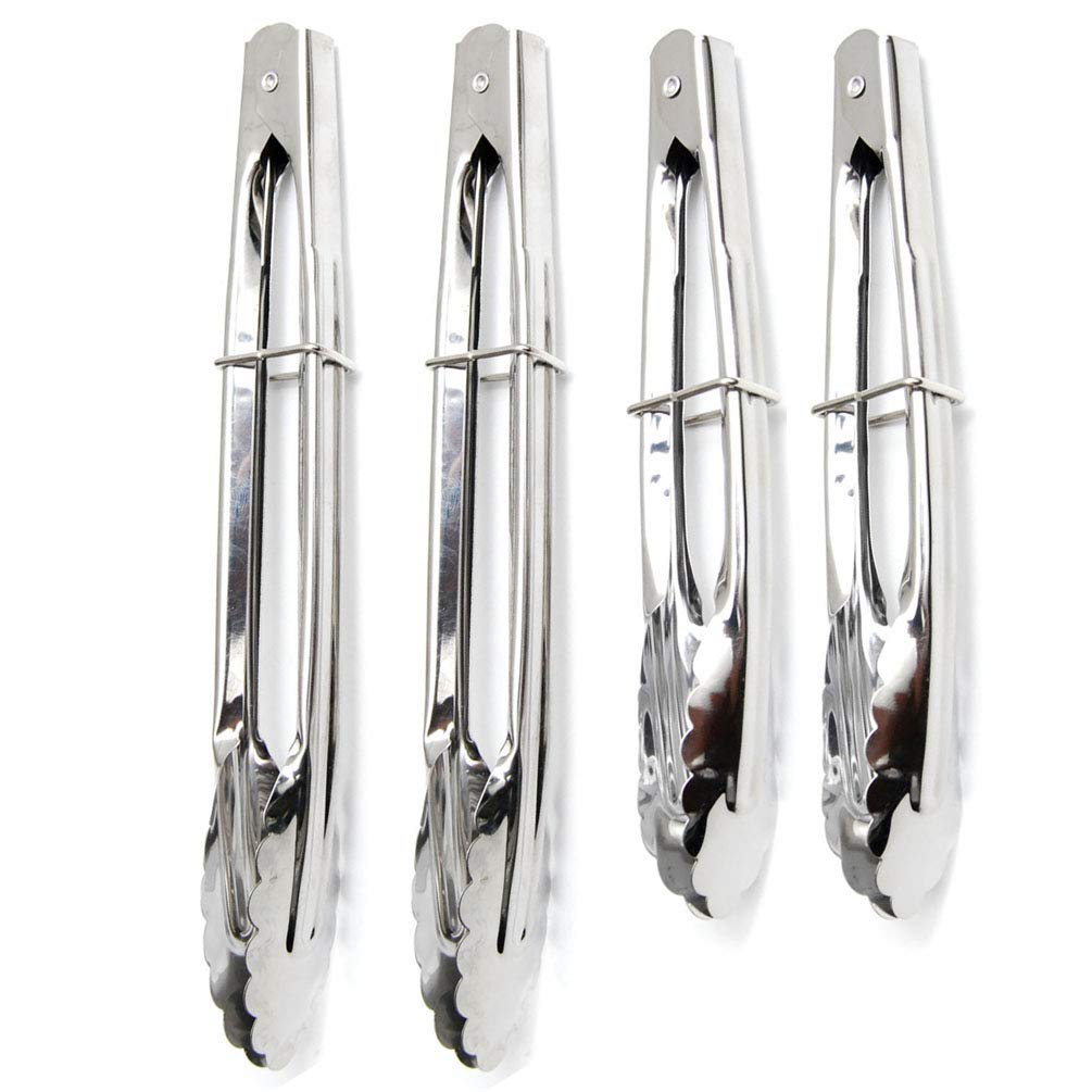 Hometeq (4 Pack) 9" and 7" Kitchen Food Clamp Serving Tongs Easy Locking for Vegetable BBQ Cake Bread (B)