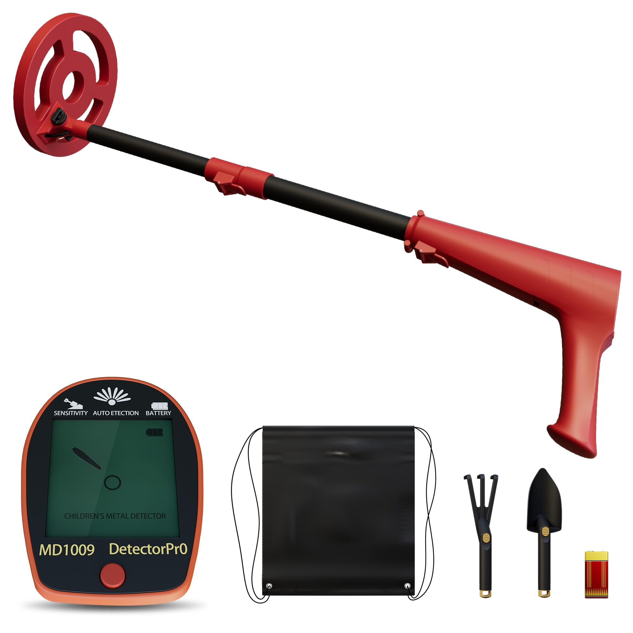 XMTECH Kinder Metalldetektor Rot, Verstellbarer Schatzsucher mit wasserdichter 16,5 cm Suchspule, LCD-Display, Signalton, inklusive Schaufel & Tragetasche, Metallsuchgerät für Kinder & Erwachsene