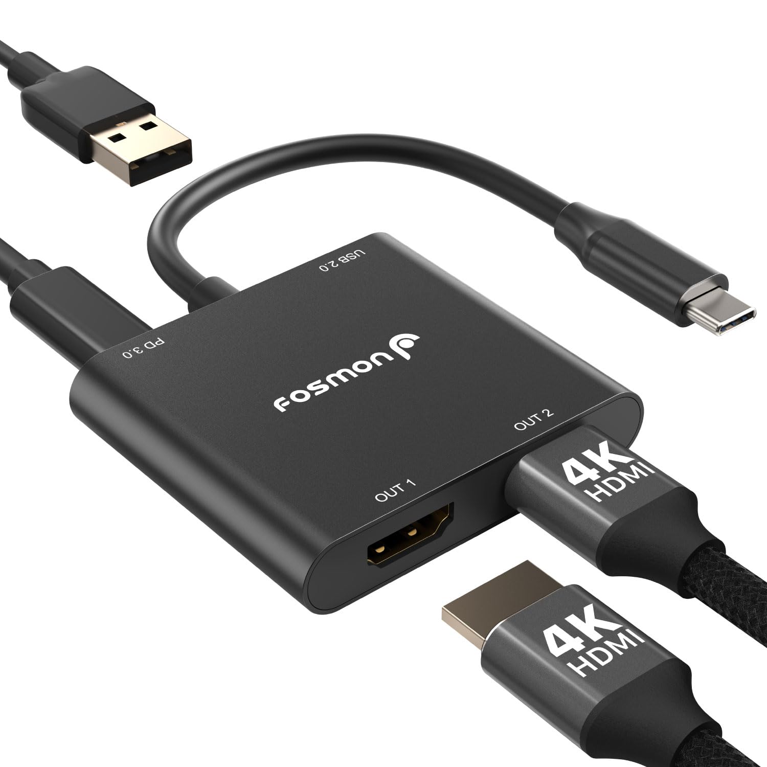 Fosmon USB C to Dual HDMI Adapter, Connect 2 Monitors to Laptop and 100W PD Charger, 4-in-1 Type-C to HDMI Splitter Extended Display Docking Station Charging Hub, Supports 4K@60Hz & Dual 4K@30Hz