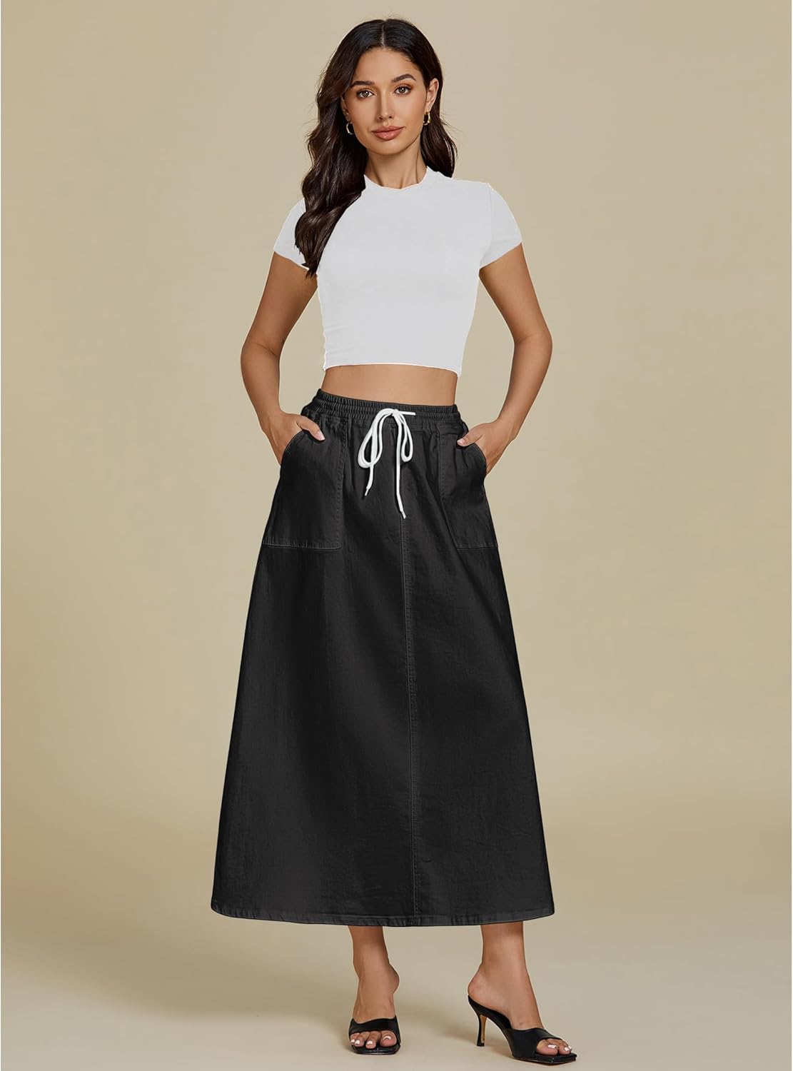 luvamia Denim Skirts for Women Trendy A Line Long Maxi Pull On Elastic Waist Drawstring Stretchy Jean Skirt with Pockets - Image 3