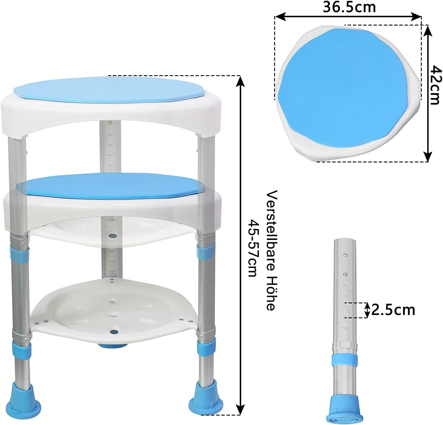 LZQ, sgabello da doccia, 45-57 cm, regolabile in altezza e girevole a 360°, per anziani e donne incinte, ausilio per doccia, antiscivolo, colore: blu