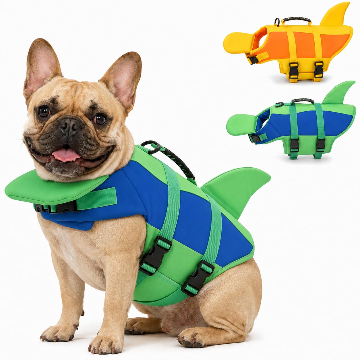 Dog Shark Life Jacket with Chin Float and Rescue Handle (Green,Small)