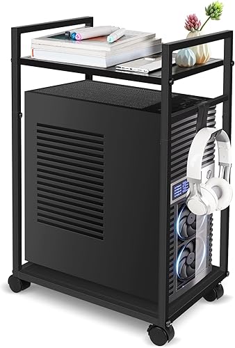 Soporte de torre de computadora de 2 niveles con 2 ganchos y ruedas giratorias de bloqueo debajo del escritorio para oficina y hogar (S)