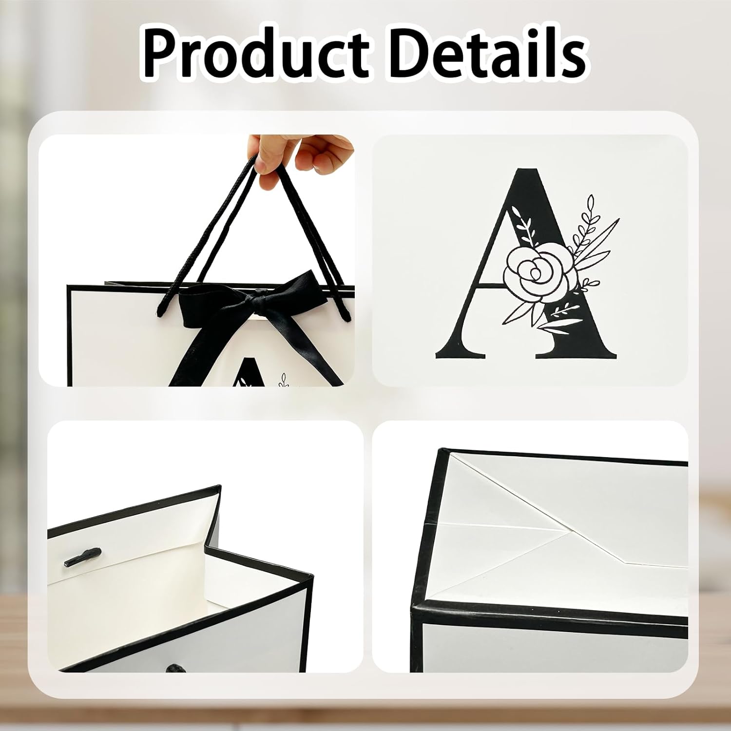 Alphabet Birthday Gift Bag, Initial Gift Bag with Card and Tissue Paper for Men Women, Large Black White Personalized Bow Bags for Bridal Party, Wedding, Graduation, Birthday Gifts Bags (Letter M) - Image 3