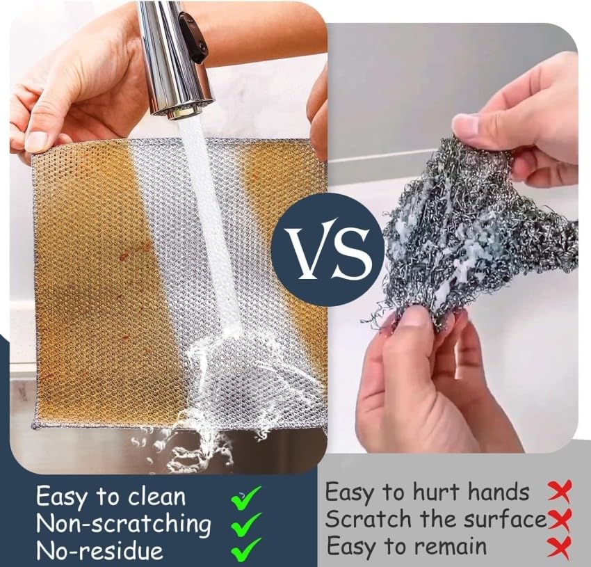 Image of 10 Pack Non-Scratch Wire Dishcloth, Steel Scrubber for Utensils Cleaning, Multipurpose Wet and Dry Cleaning Dish Wash Cloth Scrubber for Washing Dishes, Sinks, Counters