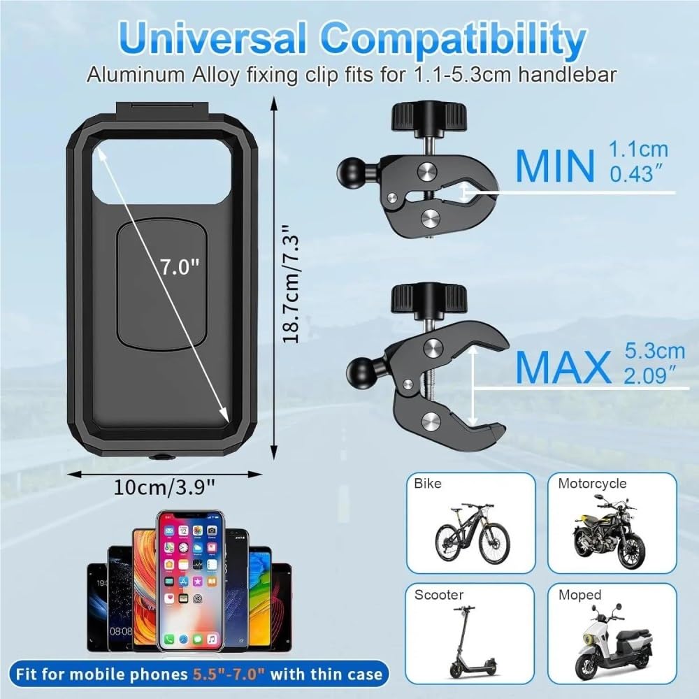 Soporte para Teléfono Bicicleta Manillar Impermeable para Motocicleta Pantalla Táctil Giratoria 360​​° Clip Antivibración para 5.5-7"(Strong Clamp)