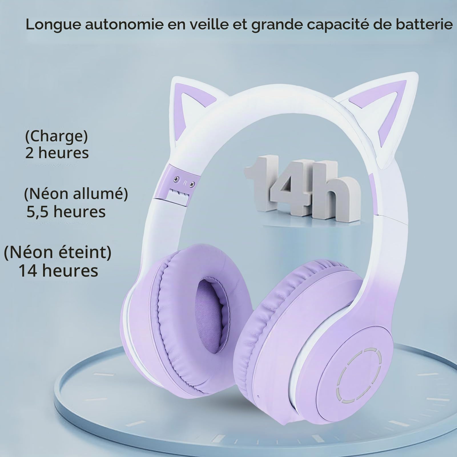 Casque Gaming sans Fil, Oreilles De Chat Mignonnes, Bluetooth 5.3, Éclairage LED, Microphone Amovible, Haut-Parleurs 40 Mm, Câble AUX 3,5 Mm, Pliable, Coussinets Confortables (Purple)