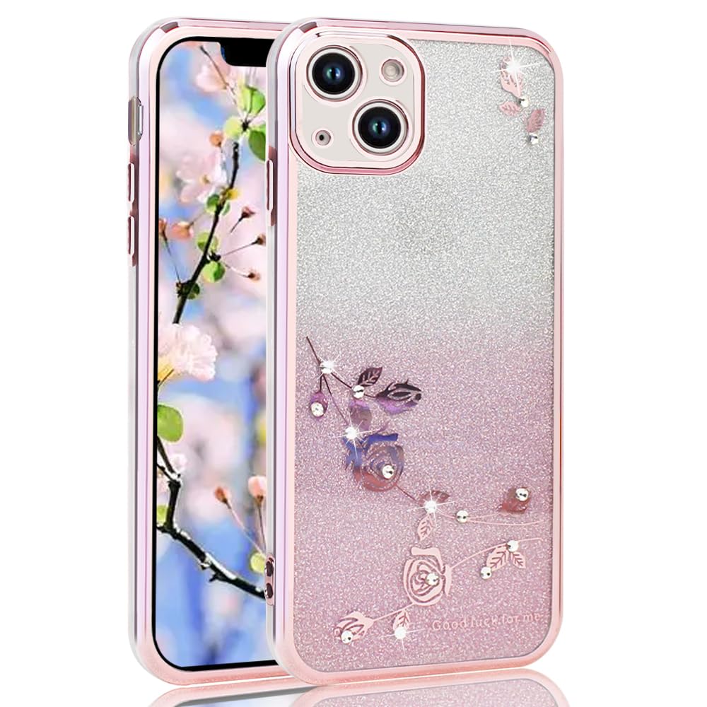JOOBOY スマホケース 対応 iPhone 13 用 ケース クリア 透明 メッキ加工 キラキラ 花柄 ソフトケース TPU 薄型 おしゃれ かわいい 衝撃吸収 女性 人気 ブランド スマホケース アイフォン13 携帯カバー (キラキラ-ピンク)