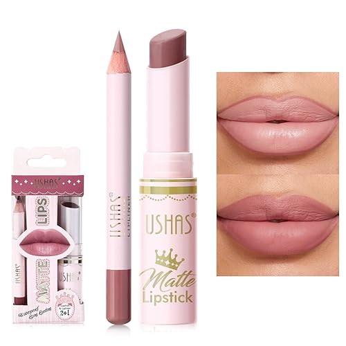 Miniatura 22 de USHAS Juego combinado de lápiz labial y delineador de labios 2 en 1, impermeable, mate, para mujer, juego de delineadores de labios de larga