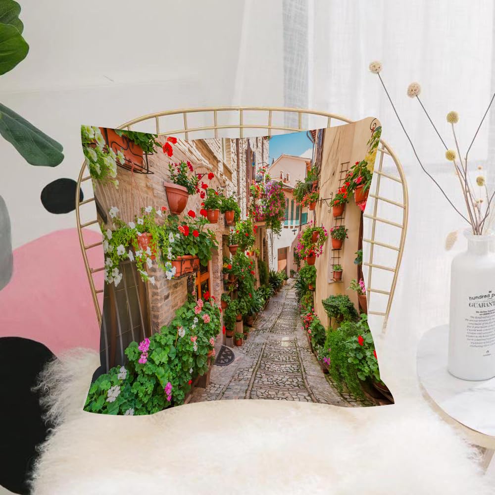HYOSXW Cushion Cover,Throw Pillow Case Home Decorative for Living Room Bedroom Sofa Chair 16X16 Inch,A European town surrounded by blooming flowers,Pillowcase 40X40cm