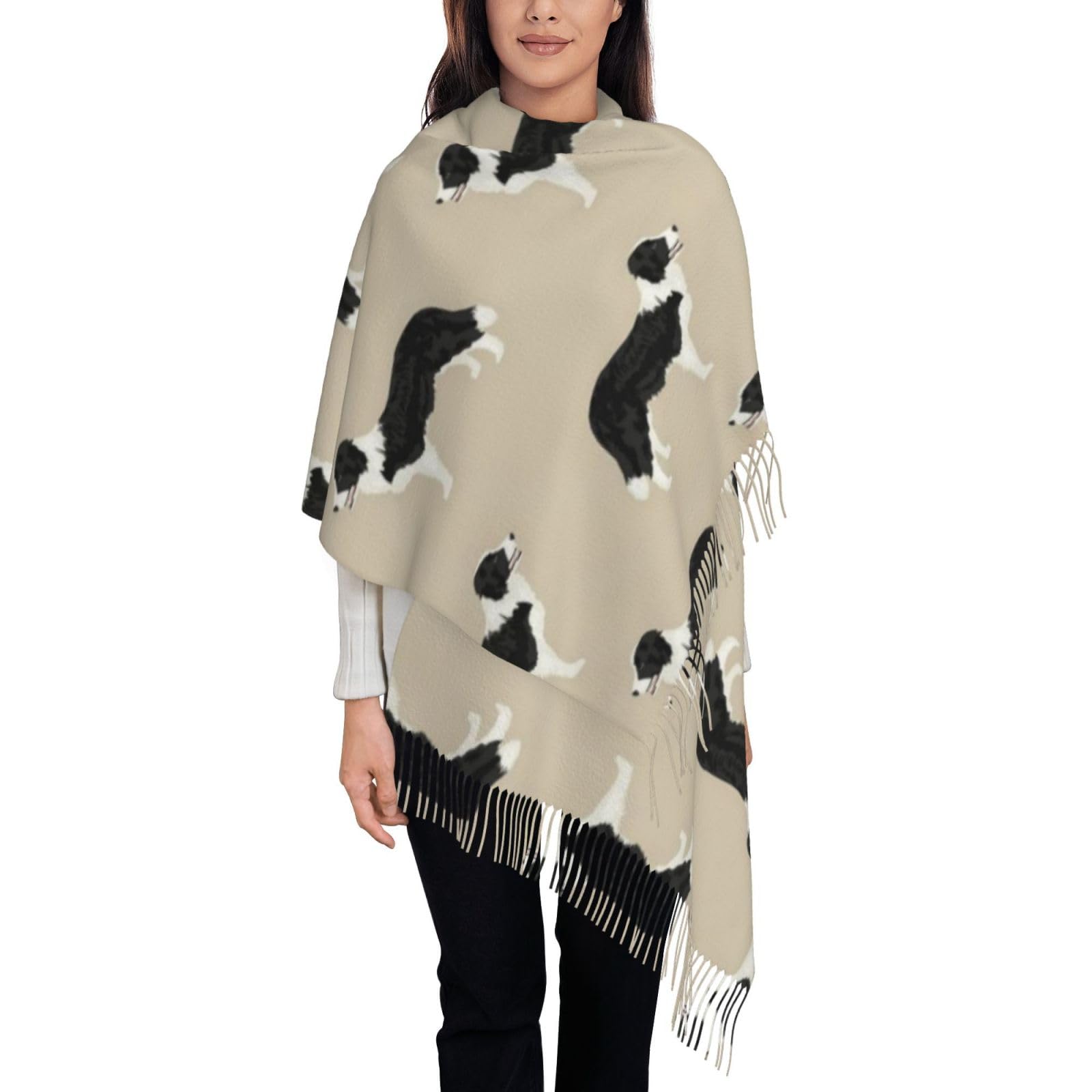 VhoMes Scarf Border Collie Cute Border Collies Designs Tassel Shawl,Warm Fringe Scarf Luxurious Ladies' Wrap,For All Seasons 72 X197 CM