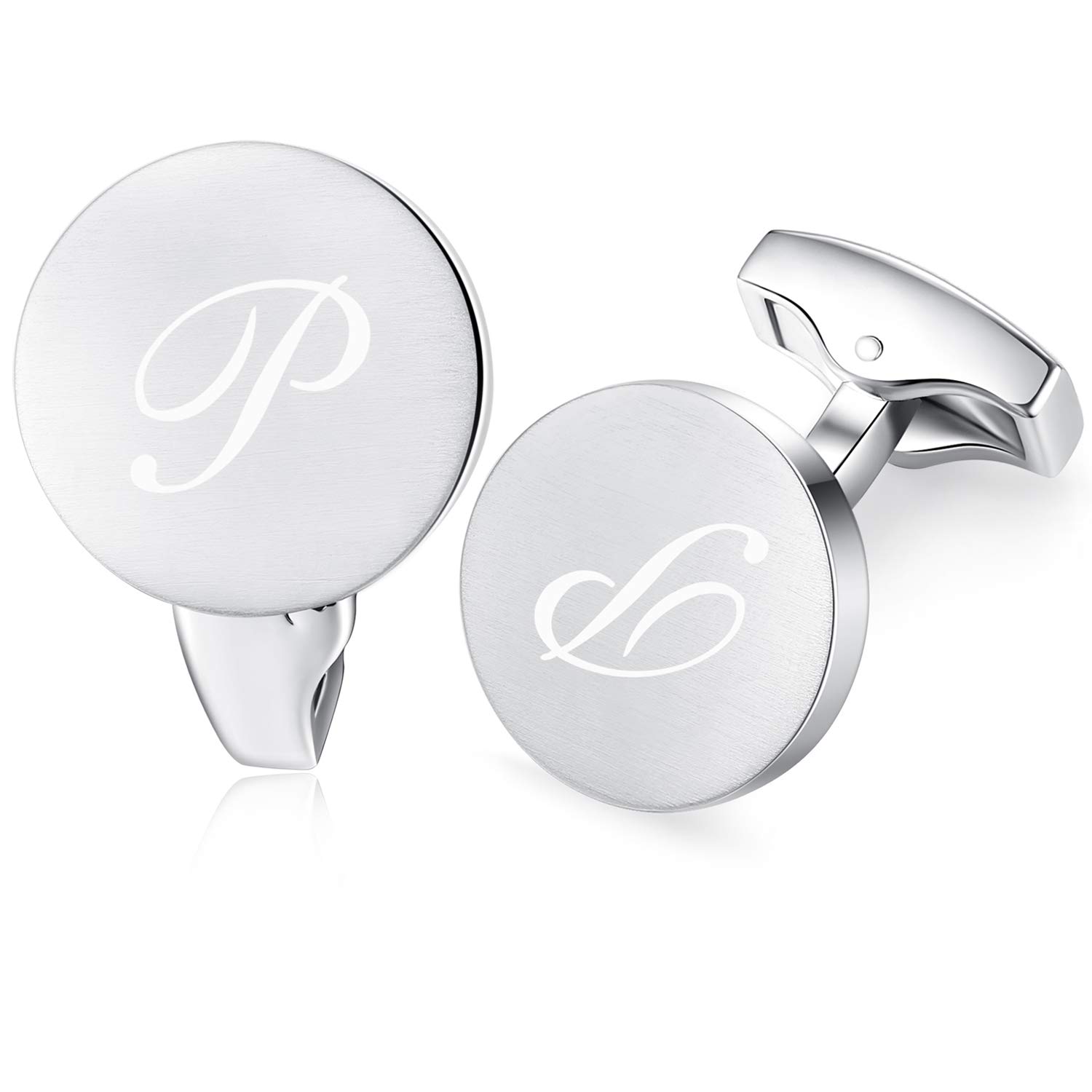 Honey Bear Men's Silver Initial Alphabet Letter Cufflinks For Round Shape Stainless Steel Wedding Business Gifts A - Z (P)