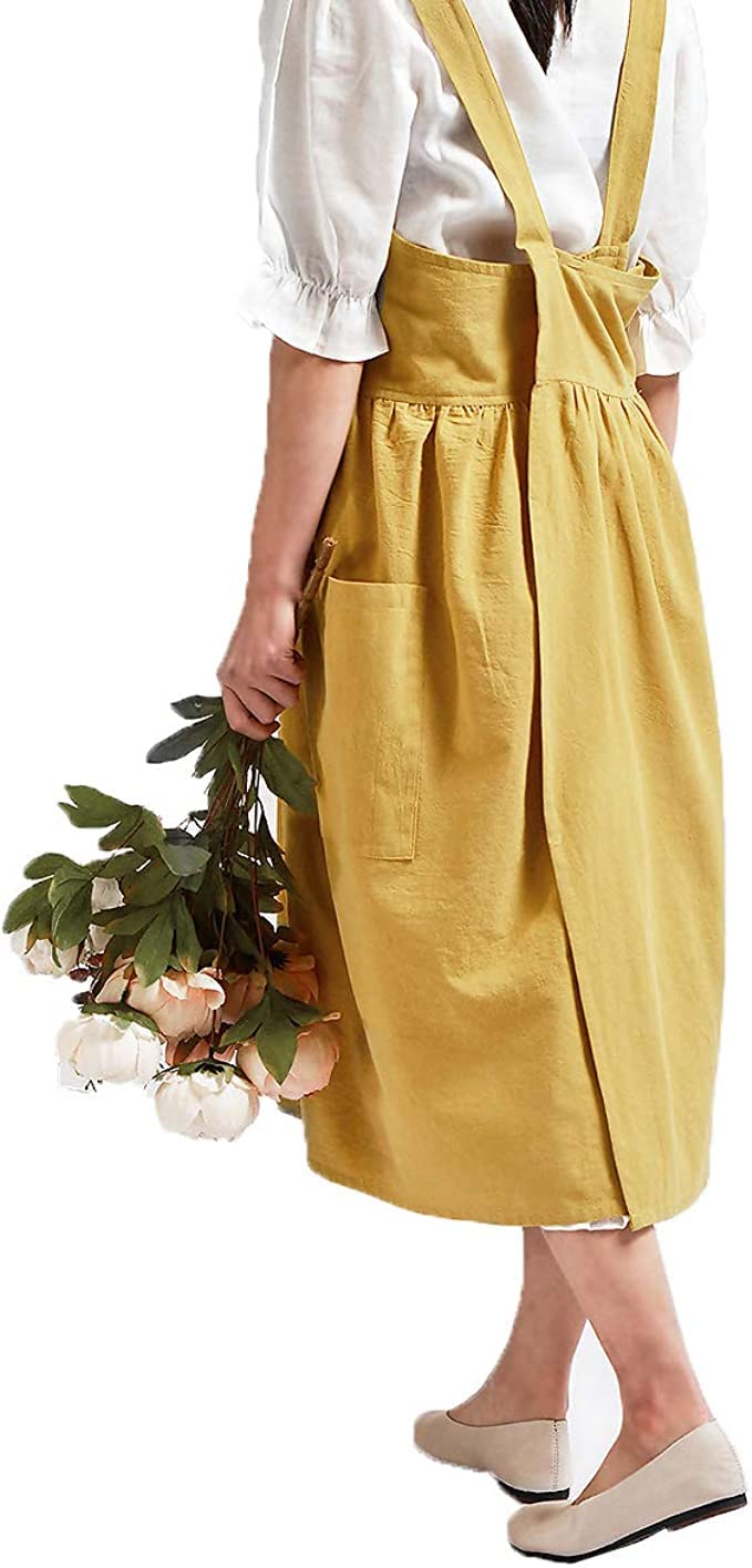 Upxiang Women Retro Literature Art Cotton Linen Cross Back Apron Flower Shop Clothing Cafe Kitchen Cooking Casual Apron - Image 4