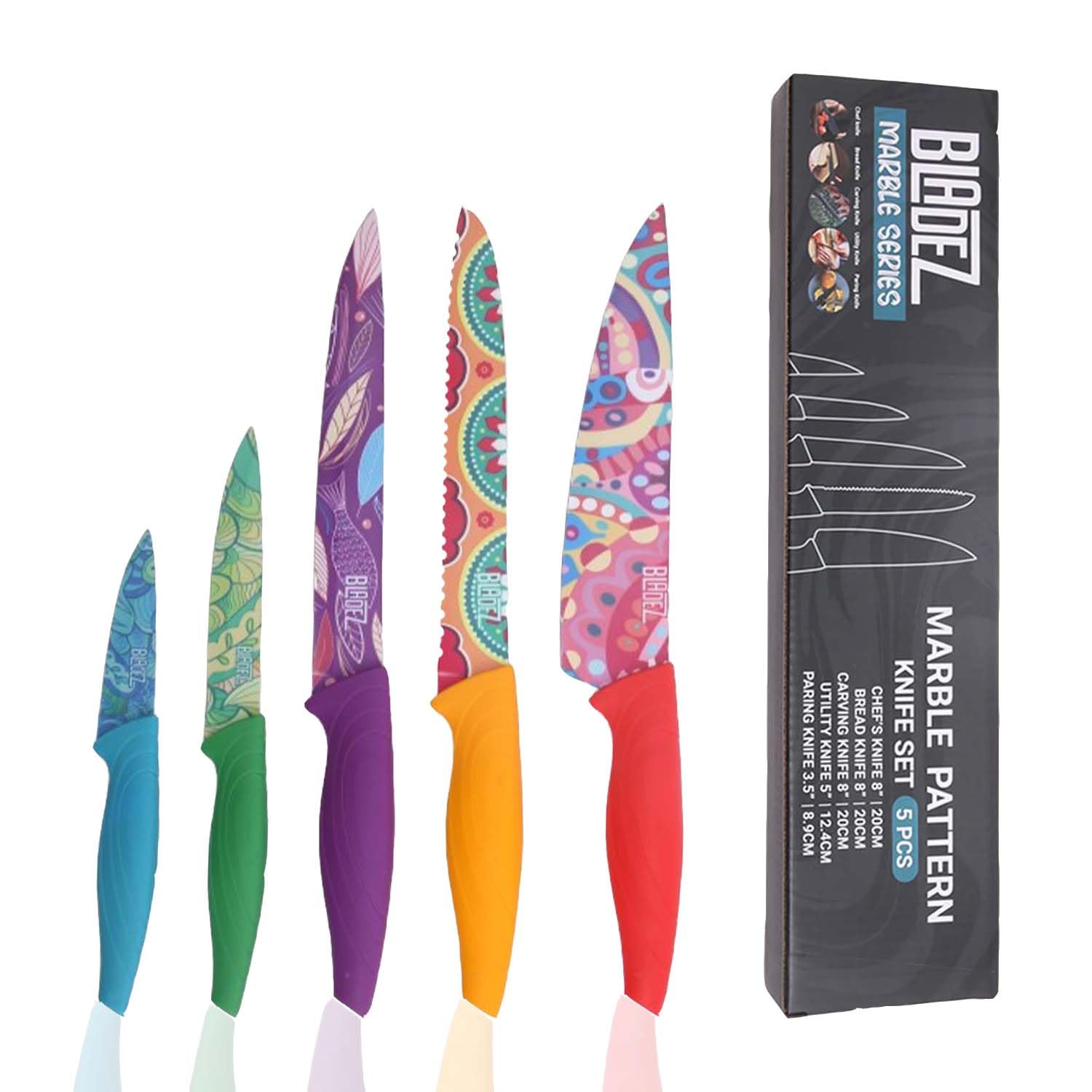 Bladez Professional Kitchen Knife Set, 5 Pcs Stainless Steel Kitchen Knives Set with Ultra Sharp Blade and Soft Handle, Includes Chef, Bread, Carving, Utility and Paring Knife, All in a Gift Box