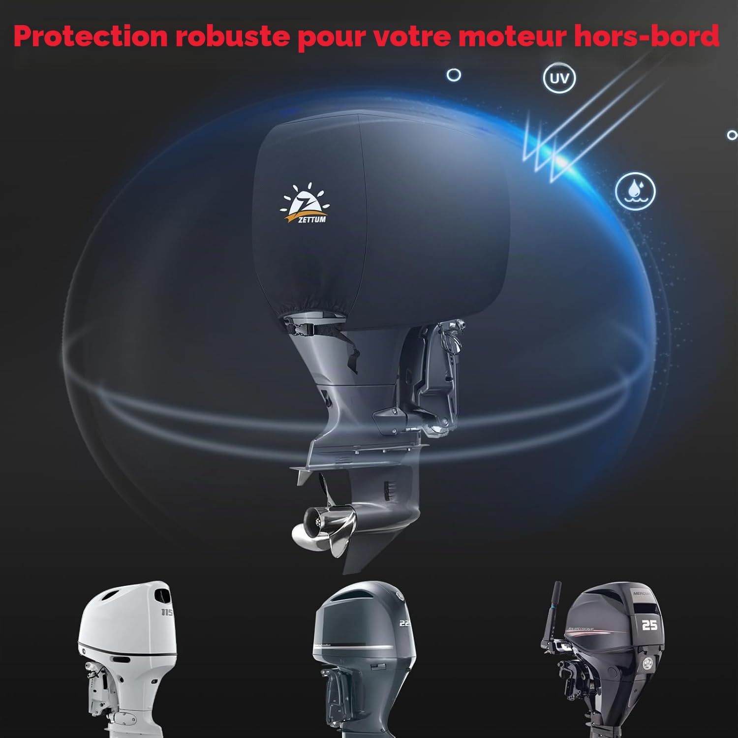 Zettum Housse de Moteur Hors Bord pour Moteurs de 50 à 115 HP, Housse 600D, étanche et résistante, Compatible avec Les Moteurs Yamaha, Mercury et Parsun