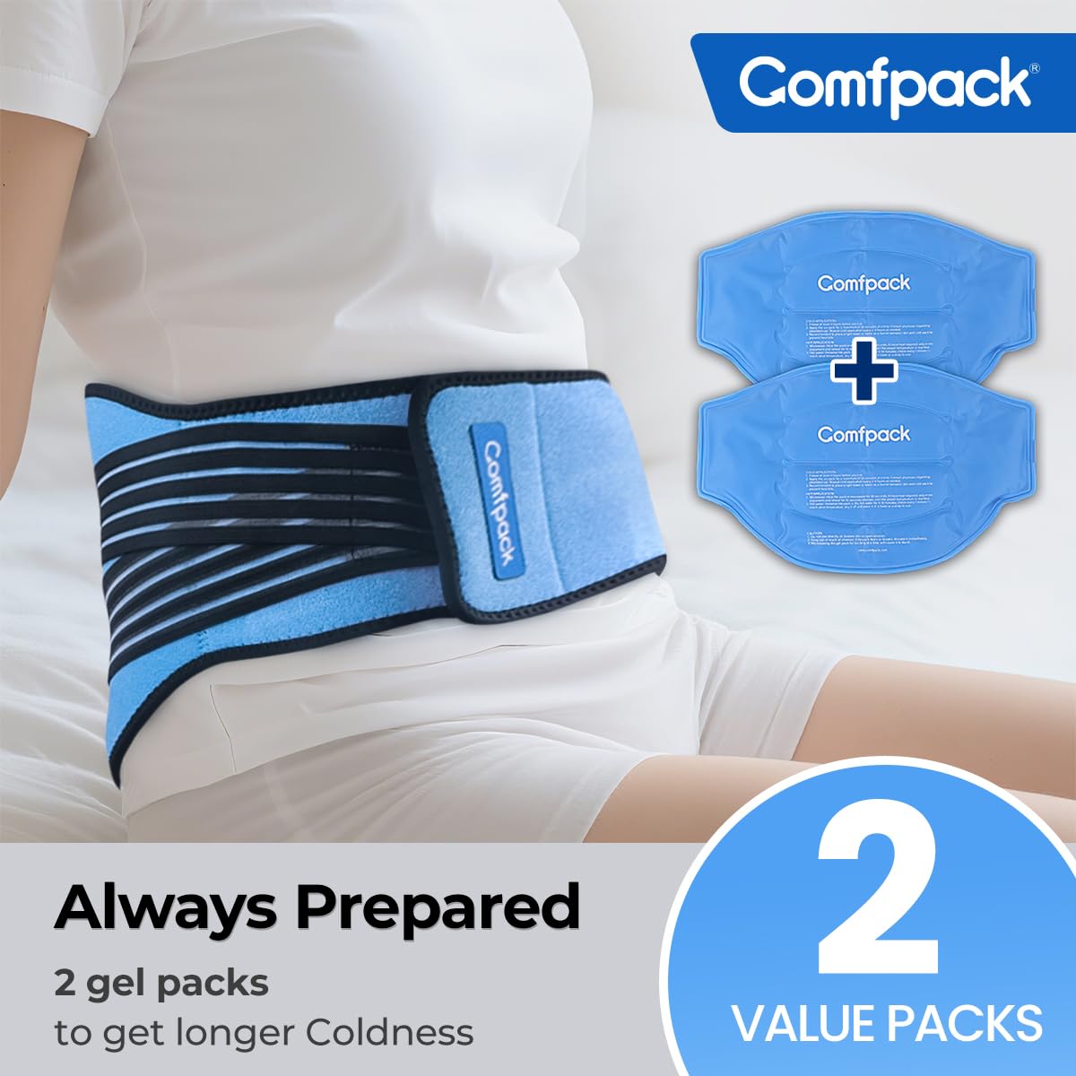 Comfpack Zestaw na lód na plecy do łagodzenia bólu dolnej części pleców z kompresją, 2 opakowania żelowe, opakowanie na lód, łagodzenie urazów, bólu kości ogonowej, chirurgii, lędźwi, kości ogonowej