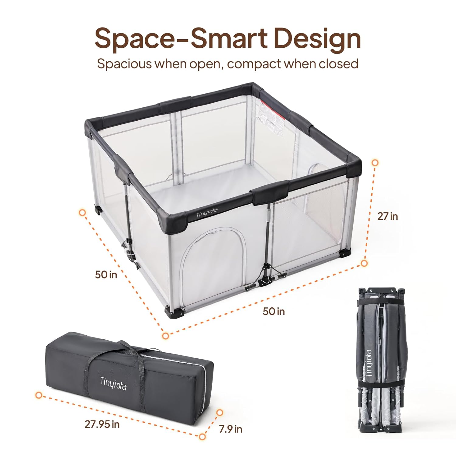 Tinyiota Foldable Baby Playpen, 50x50 Inch Portable Play Yard for Babies and Toddlers with Soft Breathable Mesh, Storage Bag & 2 Pull-Toy Handles for Indoor & Outdoor (Grey, 50x50)