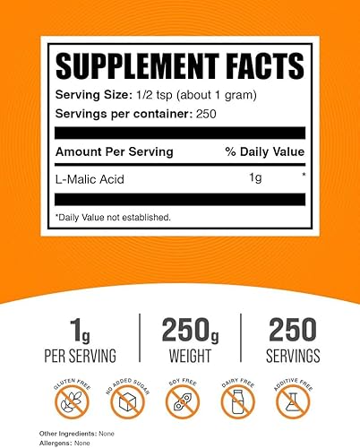 Miniatura 2 de BulkSupplements. com Polvo de ácido málico, ácido málico, ácido málico, grado alimenticio, puro y sin gluten, 500 mg por porción, 250 g (8.8 oz)