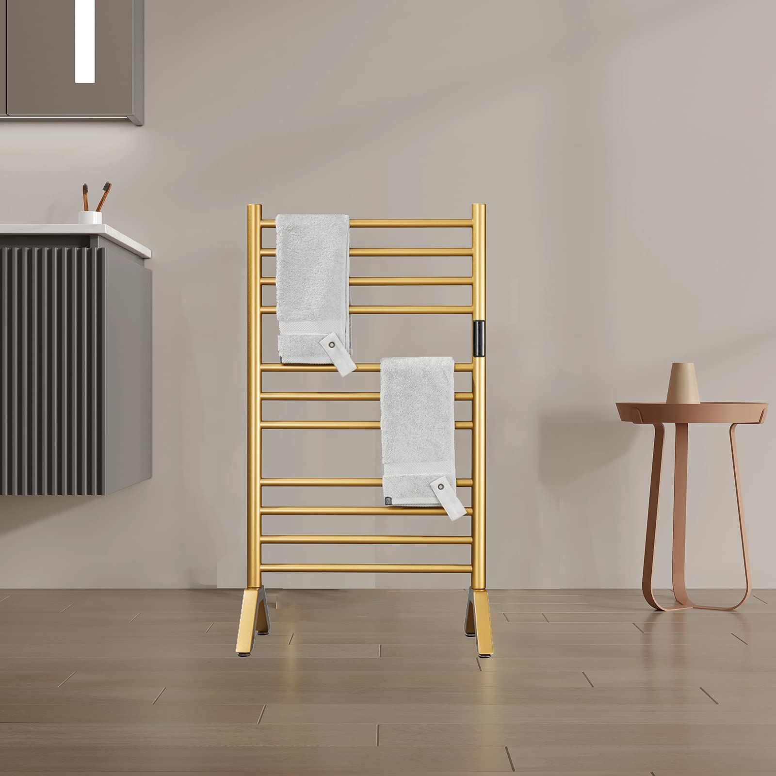 Toallero Eléctrico Dorado con Temporizador, 140 W Calentador De Toallas Independiente Y Montado En La Pared con 11 Barras, Secador De Toallas De Acero Inoxidable 304 para Baño, Plug-In