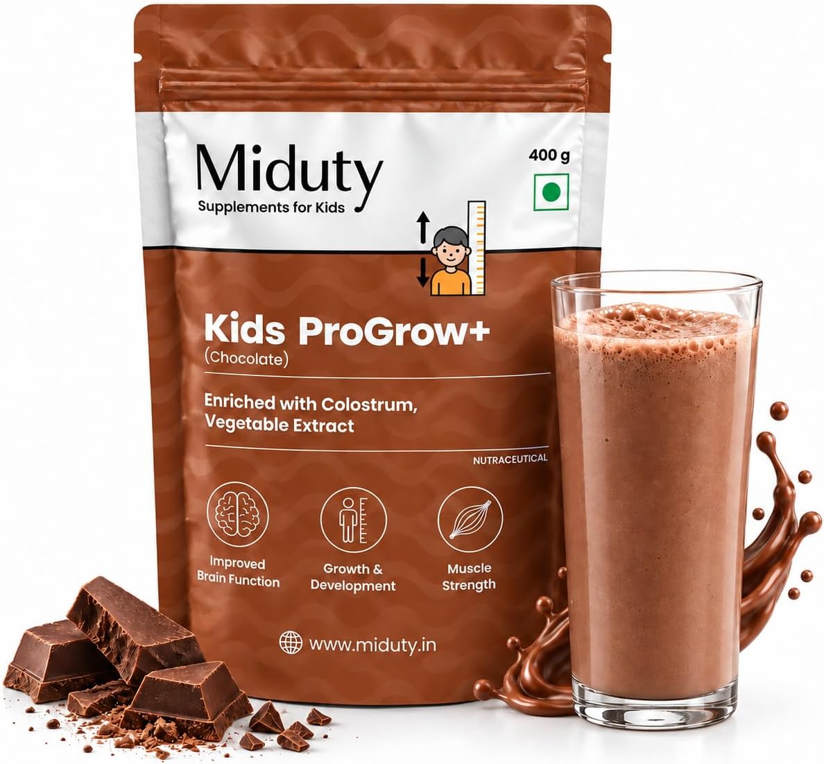 - Miduty ProGrow+ Kids Chocolate Shake with Whey, MCT & Colostrum - Supports Growth, Energy, Brain & Immunity - With Active Vitamins, Minerals & Herbal Extracts - Chocolate, 400g