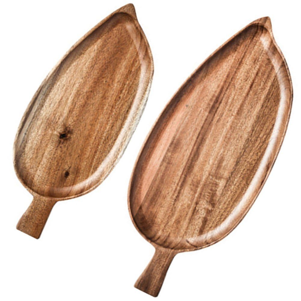 Fituenly Solid Wooden Tray 2pcs Wood Serving Platter Leaf Shape Trays for Food, Cookie, Bread, Fruit, Sushi, Dessert Dinner Breakfast Platters