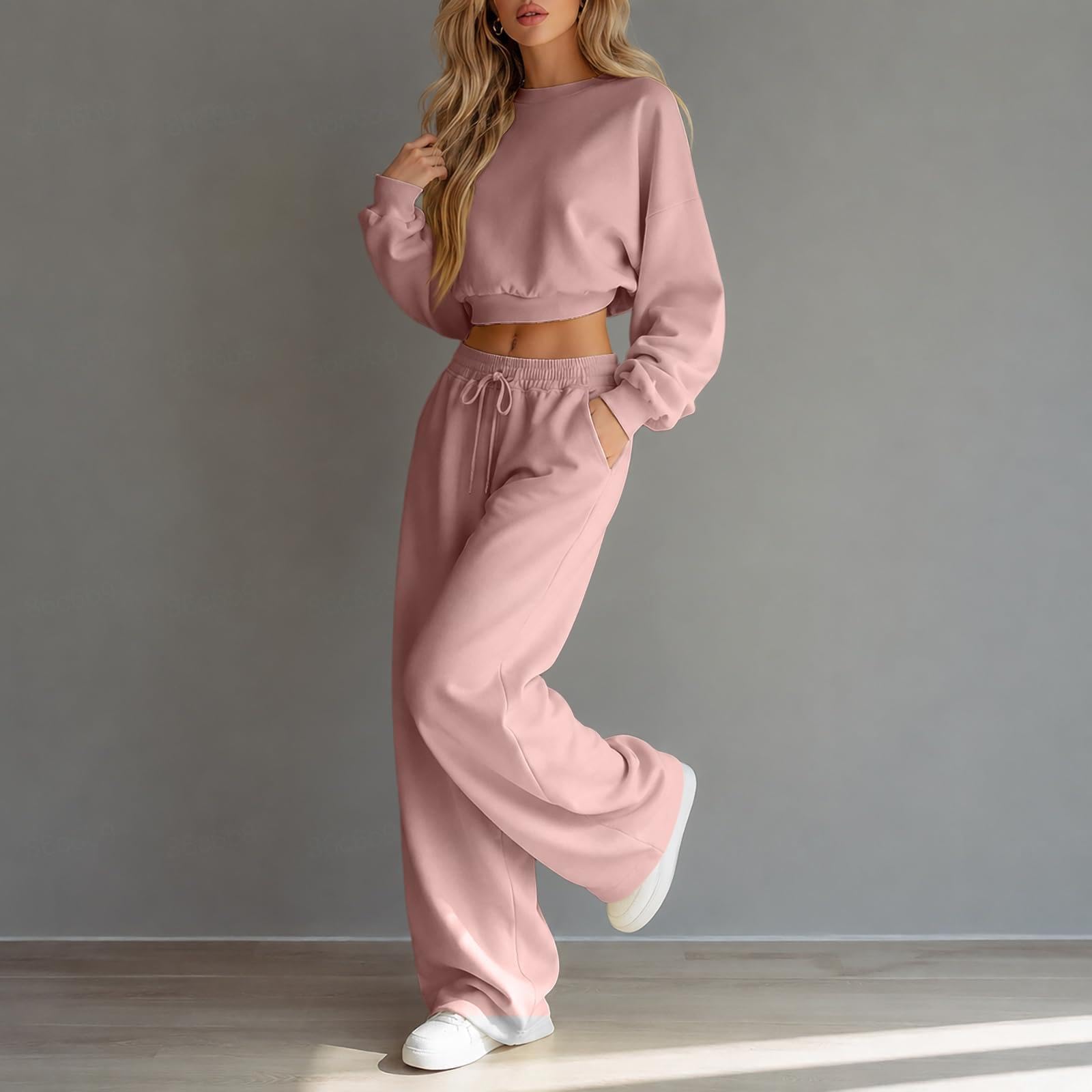 Trainingsanzug Damen Wide Leg Sweatpants Klamotten Damen Hände in die Taschen stecken Sport Damen Set Herbst Set