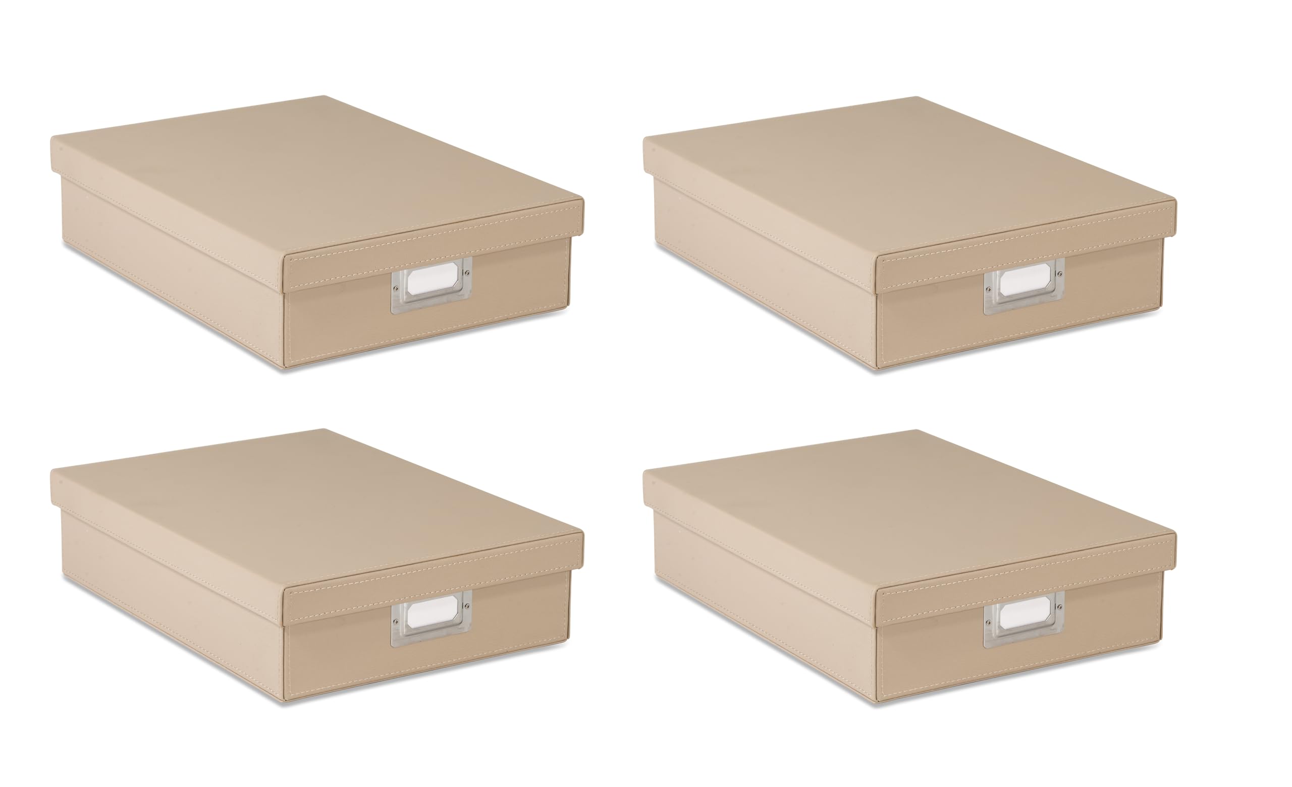Osco Light Taupe Faux Leather A4 Document Storage Box With Lid, 4 Pack, Stackable Desk Paperwork Organiser For Files Envelopes, Durable Filing Solution For Home Or Office, 8.5×25×33.5 Cm,