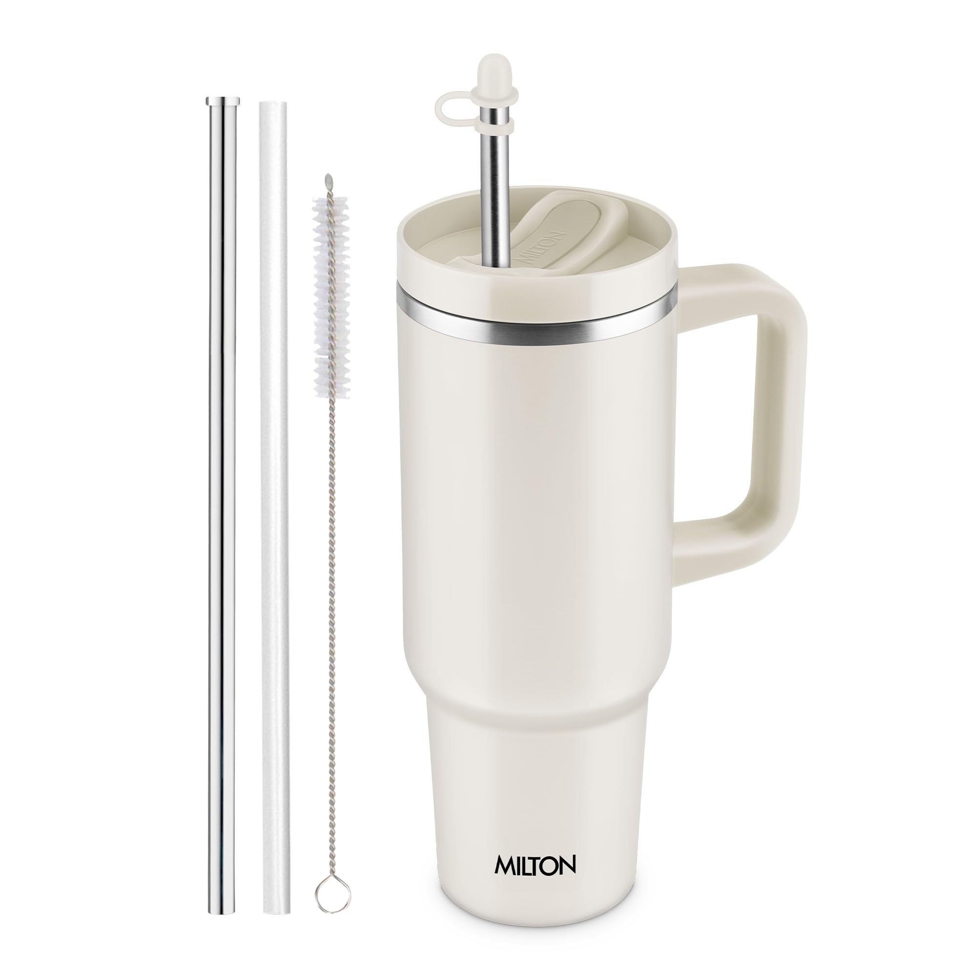MILTON Malmo 1200 Thermosteel Double Wall Vacuum Insulated Stainless Steel Water Tumbler with Handle 1100ml,Travel Mug with Straw,Silicon Cap,Cleaning Brush,Hot & Cold Beverage Flask, Cream-picture-23