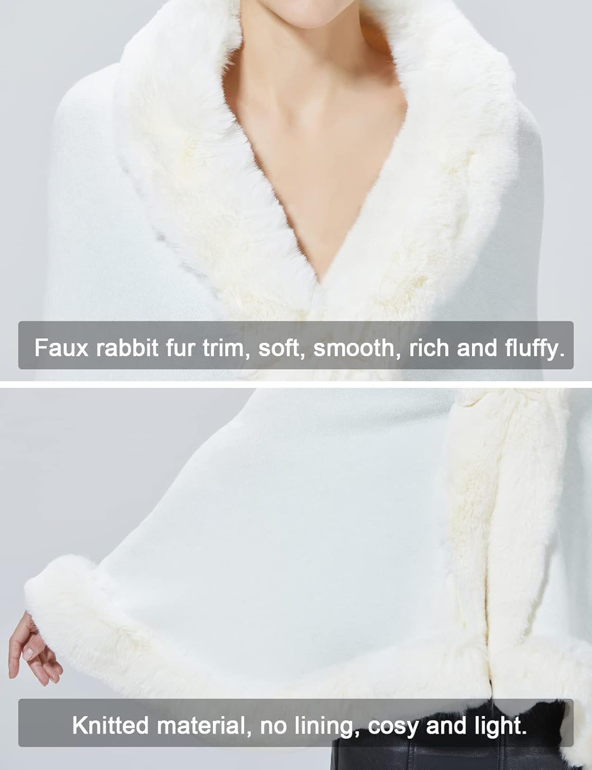 Women Faux Fur Shawl Wrap Cape with Fur Trim Sleeveless Cardigan Dressy Cloak Winter Poncho Coat for Wedding - Image 5