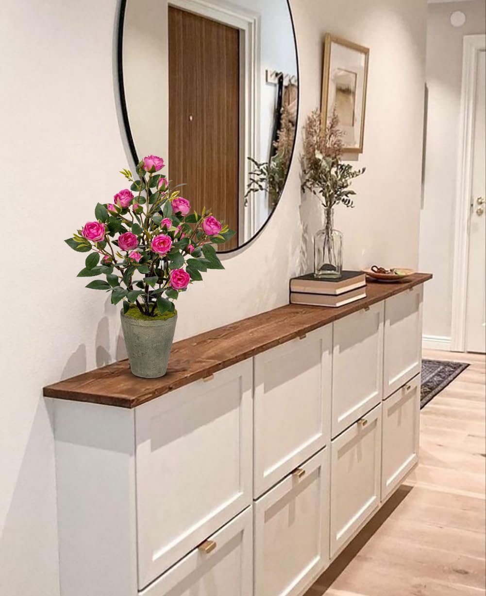 Hollyone Artificial Flower Plants Camellia Pink Roses Faux Potted Plant with Cement Pot Fake Silk Flower Rose Camellias Flower Arrangement Office Home Decor Bathroom Shelf Desk Decoration 15 Inch - Image 5