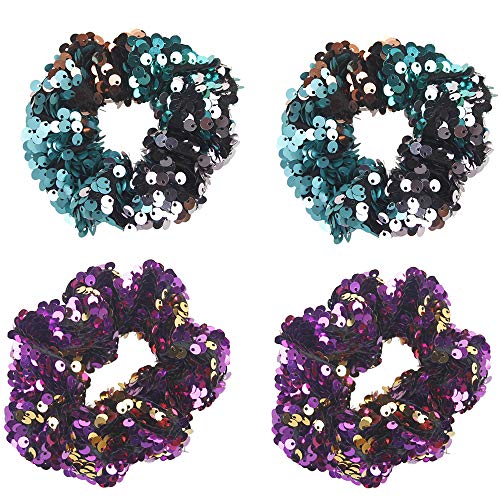4 Pcs Mermaid Sequin Hair Scrunchies Hair Bobbles Two-tone Elastics Ponytail Holders Hair Wrist Ties Bands Scrunchies for Show Gym Dance Party Cosplay for Girl Women (Purple+Turquoise)