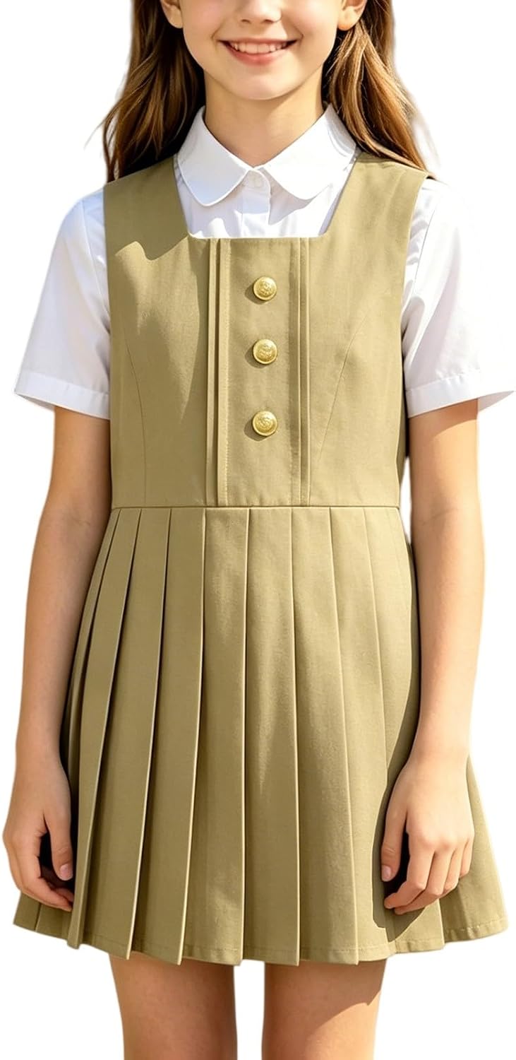 Girls Pleated School Uniform Dress Crew Neck Sleeveless Button Down Dresses Summer Elegant Solid Soft Flowy Sport Trendy